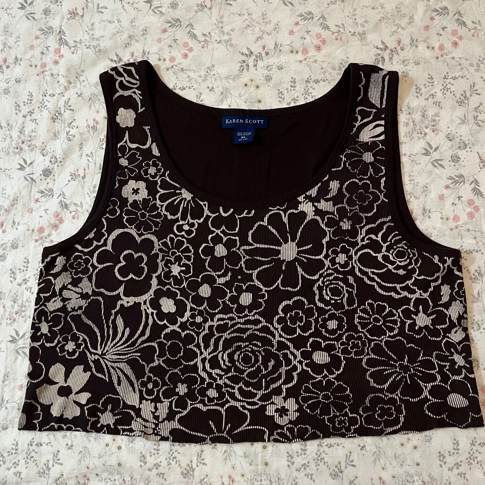 Karen Scott 100% Cotton Crop Top Floral Ribbed Raw Hem Brown Grunge Fairy